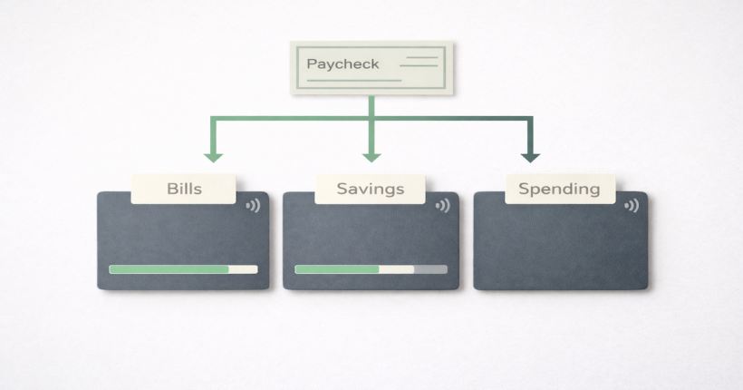 Paycheck routing diagram showing income flowing automatically to three accounts — Bills, Savings, and Spending — in sequence before any discretionary spending decisions are made