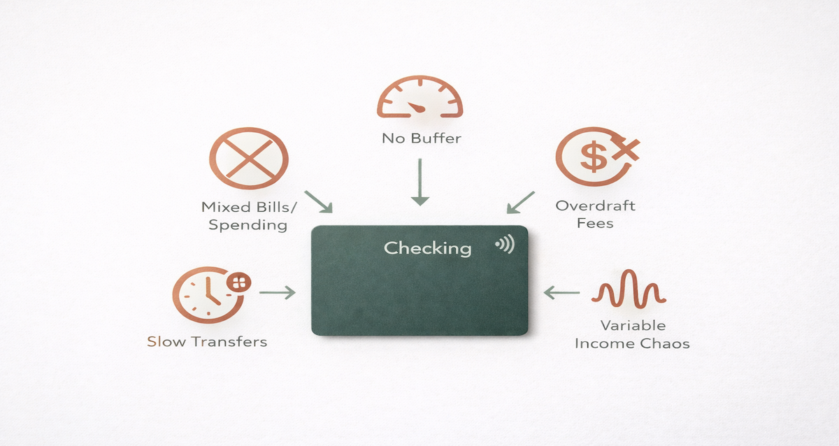 Checking account card surrounded by five warning icons representing the most common automation failure patterns: mixed bills and spending, no buffer, overdraft fees enabled, slow transfer speeds, and variable income without buffer architecture.