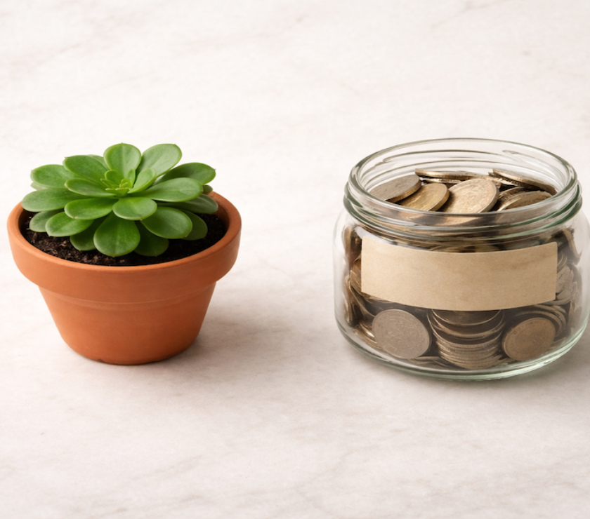 Small plant growing from a jar of savings representing the transition from budgeting to long-term wealth growth