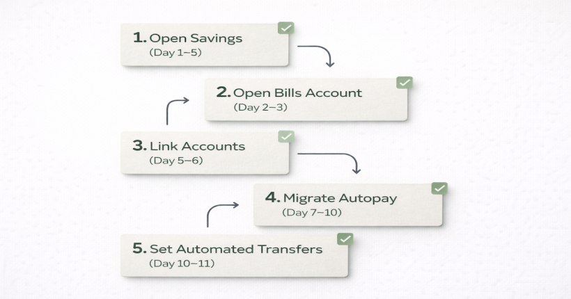 Five-step bank account automation setup sequence showing the correct order for opening accounts, linking institutions, migrating autopay, and configuring automated transfers