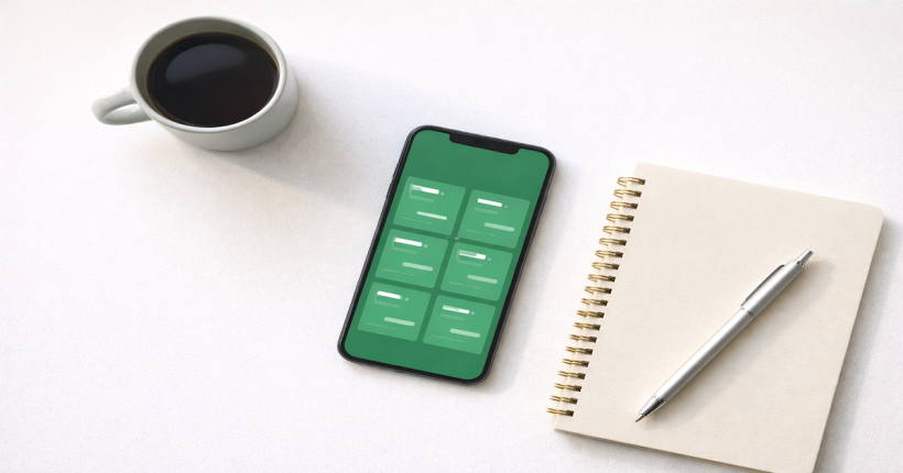 Smartphone showing a personal finance dashboard with multiple connected bank account tiles on a white desk