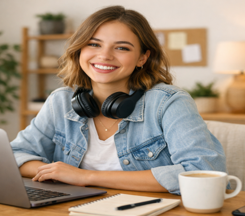Happy Gen Z woman working at a bright home desk setup, representing the energy and accessibility of starting a side hustle