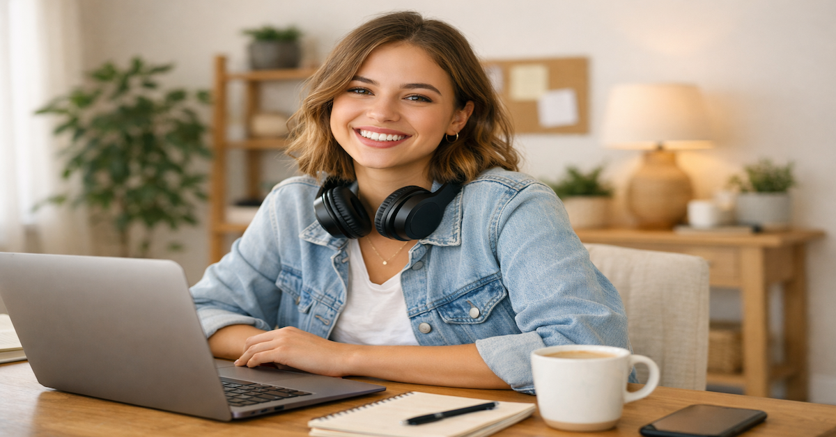 Happy Gen Z woman working at a bright home desk setup, representing the energy and accessibility of starting a side hustle
