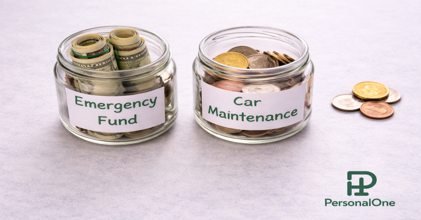 Two labeled glass jars side by side on a light gray surface — one reading Emergency Fund and one reading Car Maintenance with scattered coins nearby