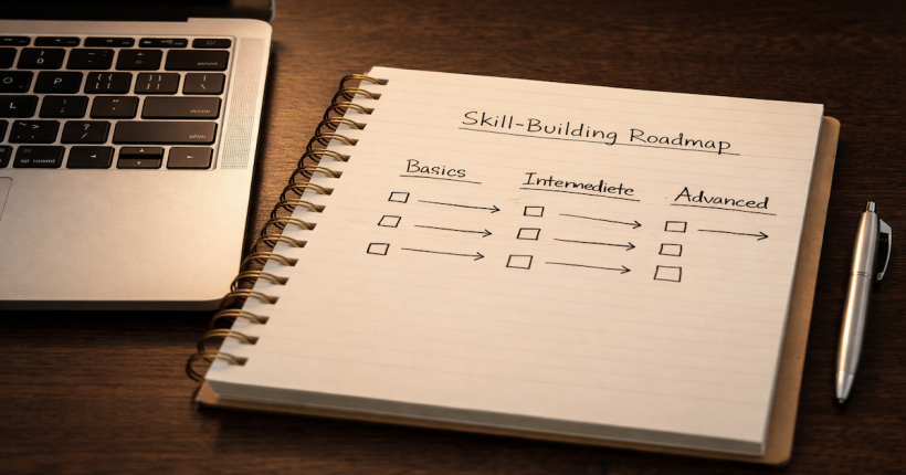 Hand-drawn career skill roadmap in an open notebook beside a laptop, representing a structured approach to high-value career development