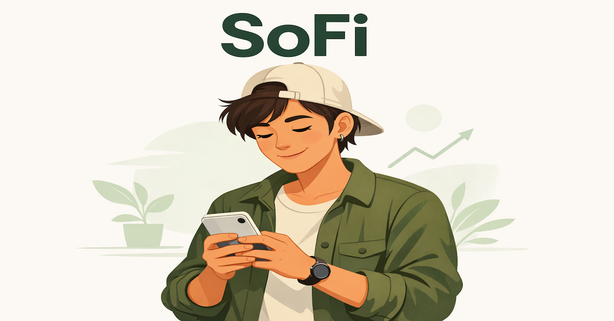 Young Millennial smiling at their smartphone while using SoFi Bank, representing the ease and satisfaction of managing finances through a digital-first banking platform