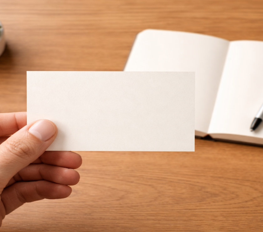 Hand holding a spending card over a clean desk representing intentional daily expense management and spending control