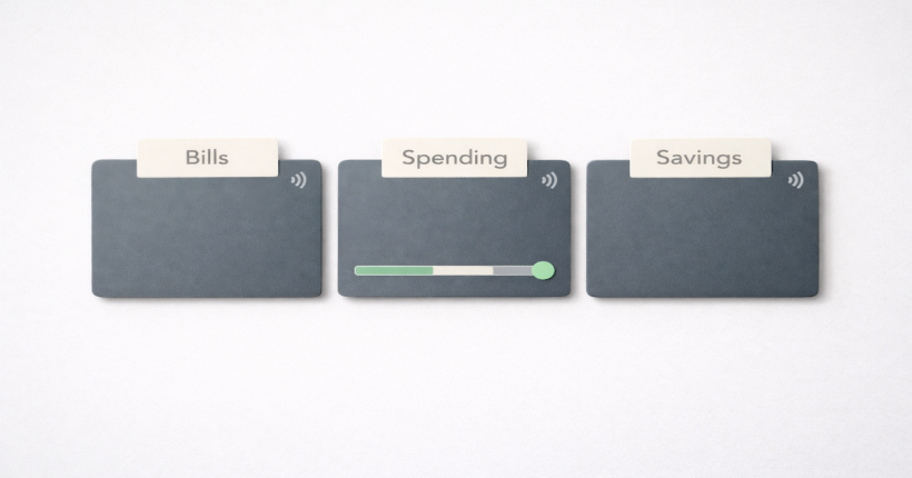 Three labeled bank accounts — Bills, Spending, and Savings — showing how account balances set automatic spending limits without a budget app