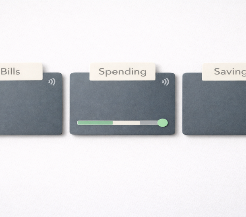 Three labeled bank accounts — Bills, Spending, and Savings — showing how account balances set automatic spending limits without a budget app