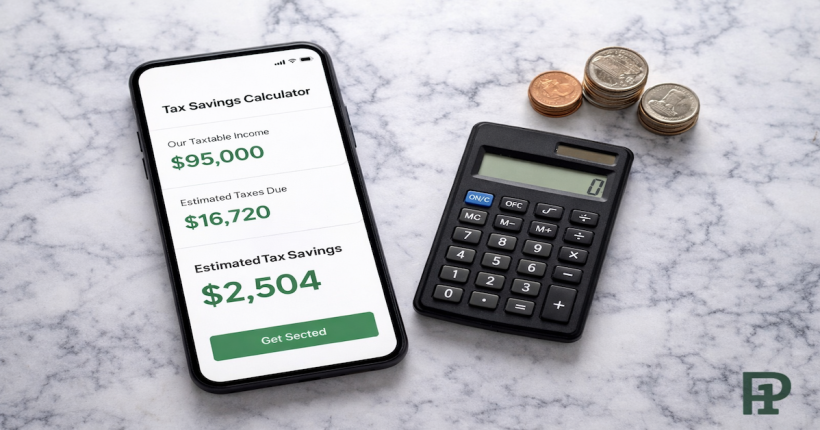 Smartphone showing a tax savings calculation screen with green numbers beside a calculator and stacked coins on white marble