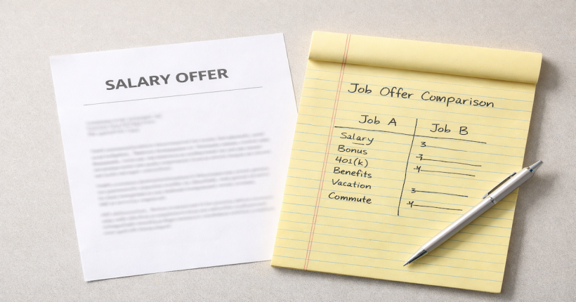Salary offer letter beside a handwritten comparison of total compensation components, representing the negotiation of benefits beyond base pay