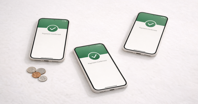 Three smartphones arranged in a triangle displaying payment confirmation screens on a light gray surface