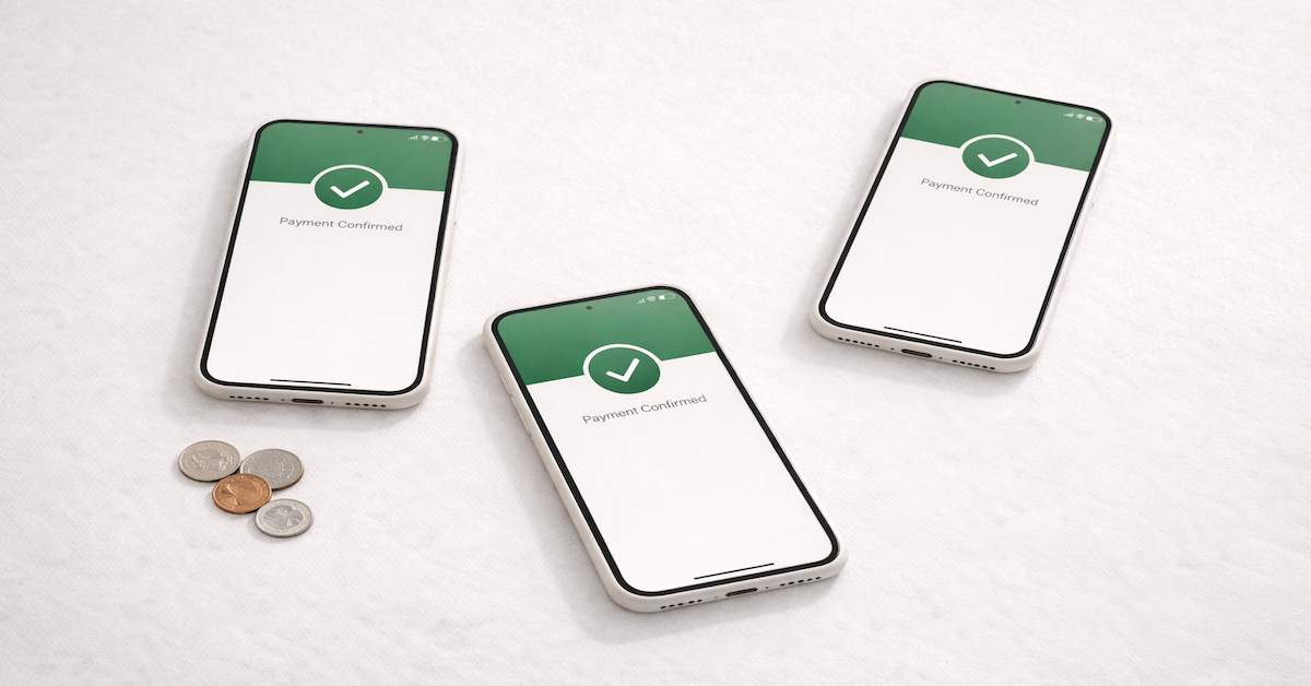 Three smartphones arranged in a triangle displaying payment confirmation screens on a light gray surface