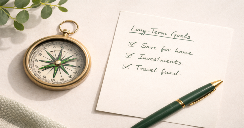 An open compass beside a handwritten planning sheet on a clean surface, representing the long-term financial strategy decisions of the wealth expansion stage — retirement planning, tax efficiency, and mapping the path to financial independence