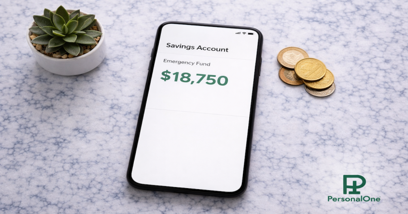Smartphone displaying a labeled emergency fund savings account with a green balance beside a small succulent and coins on white marble