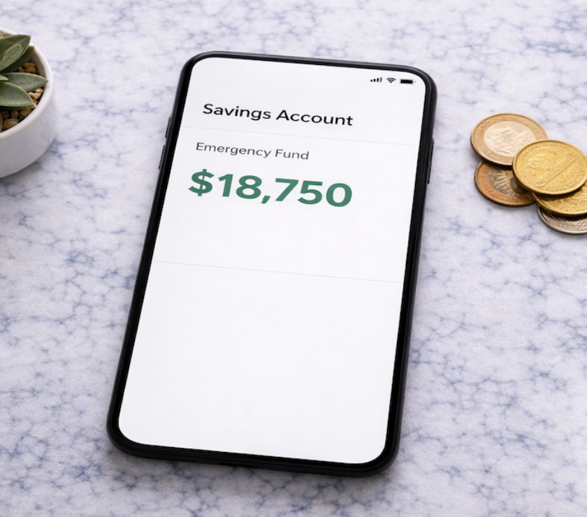 Smartphone displaying a labeled emergency fund savings account with a green balance beside a small succulent and coins on white marble