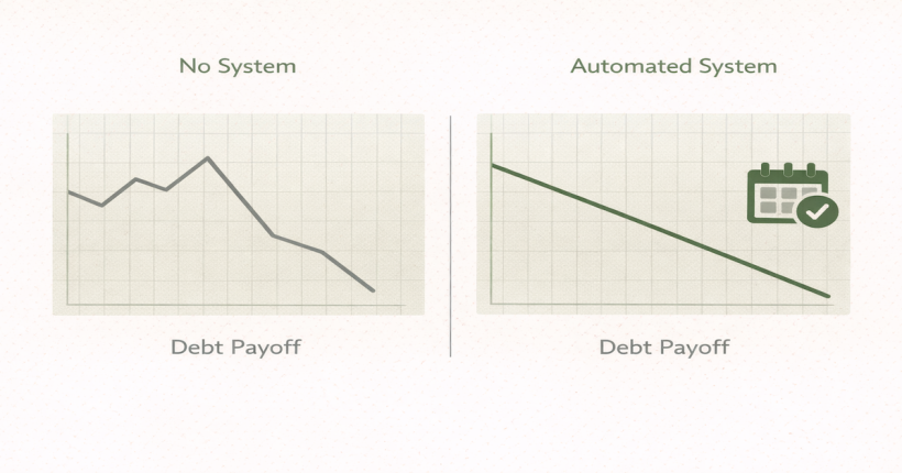 Split chart comparison showing debt payoff progress stalling without an automated cash flow system on the left versus steady consistent reduction with automated extra payments on the right