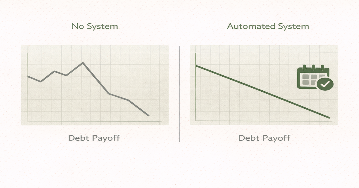 Split chart comparison showing debt payoff progress stalling without an automated cash flow system on the left versus steady consistent reduction with automated extra payments on the right