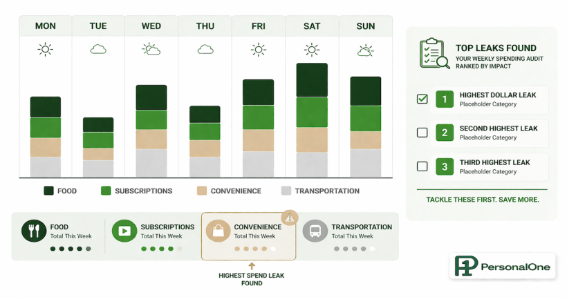 7-day spending audit calendar grid showing daily spending bars by category with a leak identification summary and ranked action list for finding and fixing budget leaks