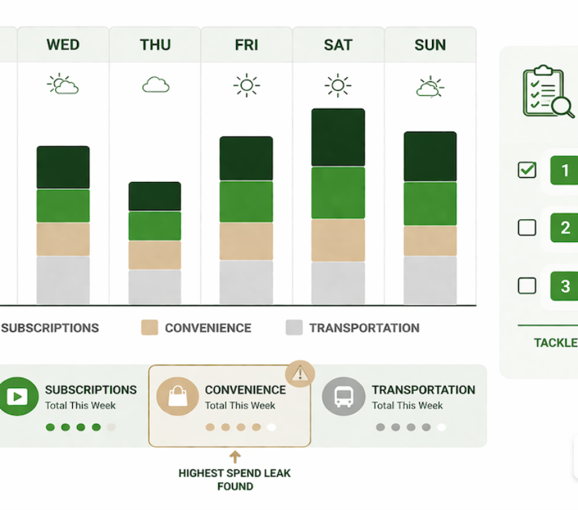 7-day spending audit calendar grid showing daily spending bars by category with a leak identification summary and ranked action list for finding and fixing budget leaks
