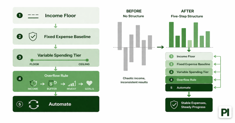 Five-step variable paycheck budget system diagram showing income floor calculation, fixed expense baseline, variable spending tier with floor-to-ceiling range, overflow allocation rule, and budget automation for inconsistent income earners