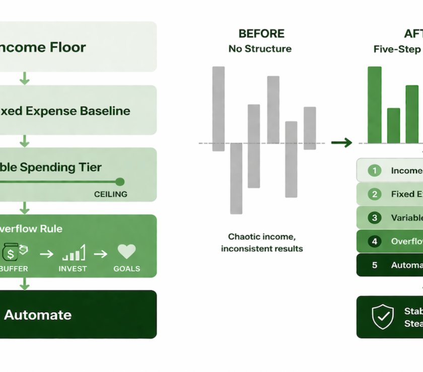 Five-step variable paycheck budget system diagram showing income floor calculation, fixed expense baseline, variable spending tier with floor-to-ceiling range, overflow allocation rule, and budget automation for inconsistent income earners