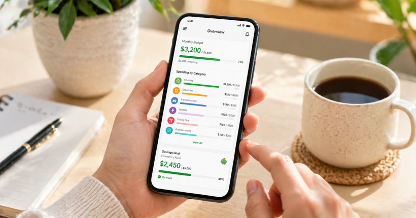 Person completing a 15-minute weekly money review on a smartphone showing account balances and spending category progress in a calm home setting