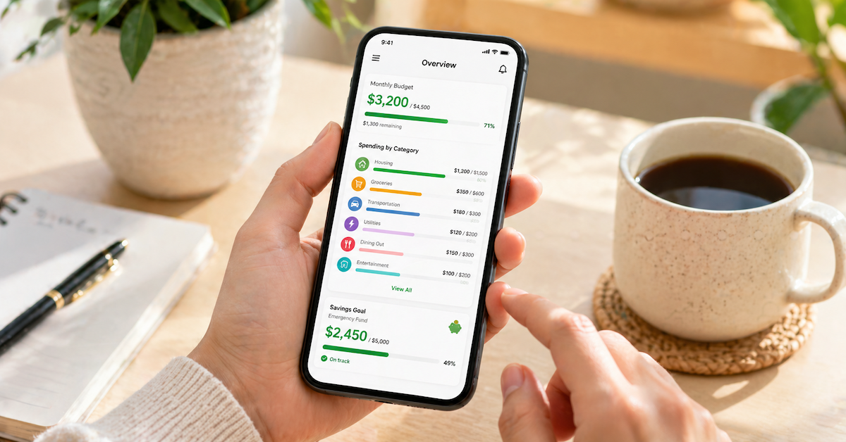 Person completing a 15-minute weekly money review on a smartphone showing account balances and spending category progress in a calm home setting