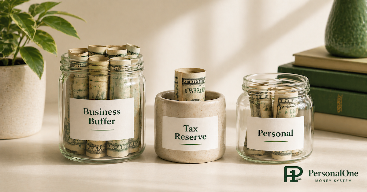 Three labeled containers representing a freelance buffer account system: business buffer, tax reserve, and personal spending — separated to show structural cash flow management