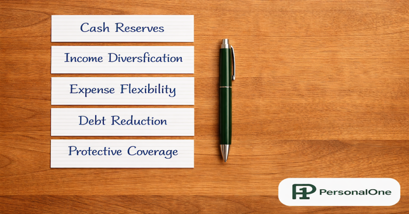 Five labeled index cards showing financial resilience pillars — Cash Reserves, Income Diversification, Expense Flexibility, Debt Reduction, Protective Coverage — beside a green pen on warm wood — PersonalOne