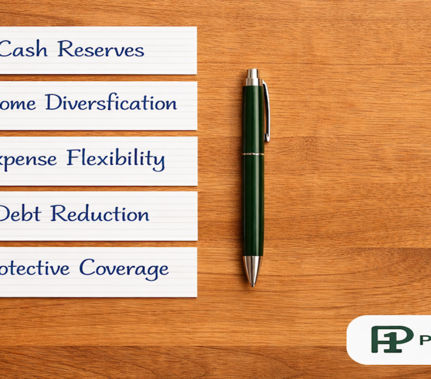 Five labeled index cards showing financial resilience pillars — Cash Reserves, Income Diversification, Expense Flexibility, Debt Reduction, Protective Coverage — beside a green pen on warm wood — PersonalOne