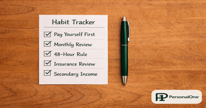 Five-row financial resilience habit tracker with green checkmarks beside each habit on white paper with a green pen on warm wood — PersonalOne