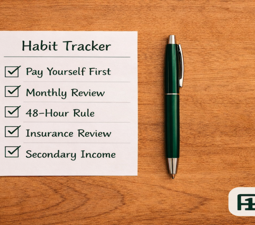 Five-row financial resilience habit tracker with green checkmarks beside each habit on white paper with a green pen on warm wood — PersonalOne
