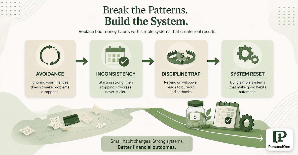 Minimalist financial education illustration showing bad money habits being replaced by simple financial systems in a clean green PersonalOne style