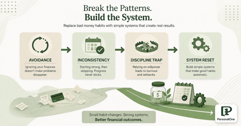 Minimalist financial education illustration showing bad money habits being replaced by simple financial systems in a clean green PersonalOne style