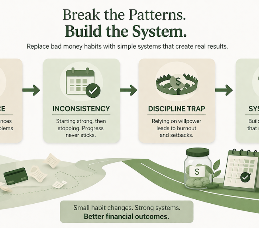 Minimalist financial education illustration showing bad money habits being replaced by simple financial systems in a clean green PersonalOne style
