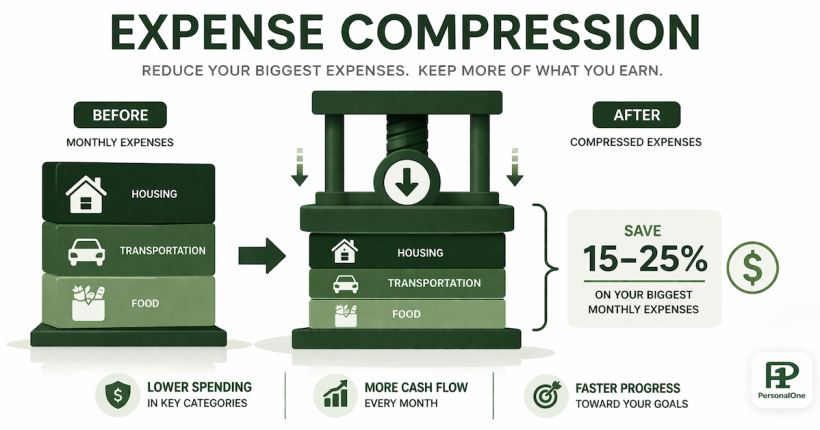 Expense compression strategy infographic showing how to reduce housing, transportation, and food costs by 15-25 percent through systematic waste elimination