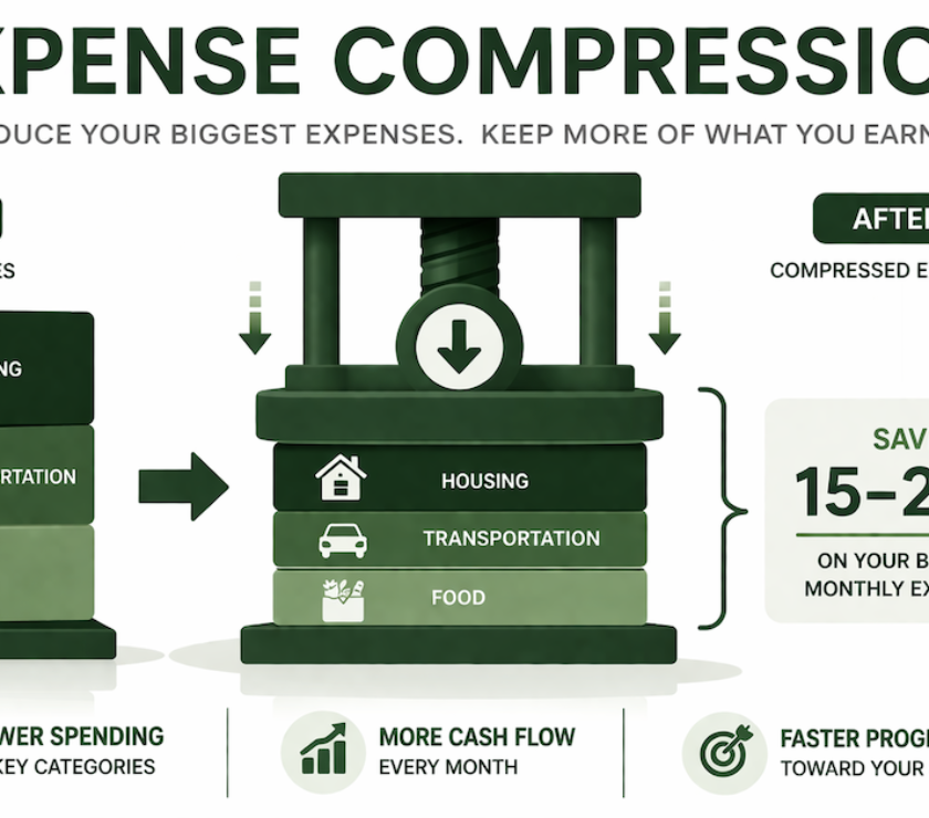 Expense compression strategy infographic showing how to reduce housing, transportation, and food costs by 15-25 percent through systematic waste elimination