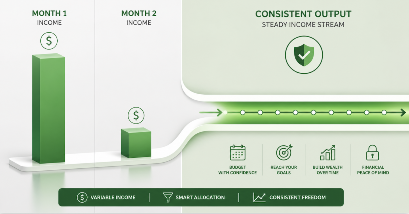 Income smoothing concept showing variable monthly deposits converting to a consistent automated budget through a floor-based system