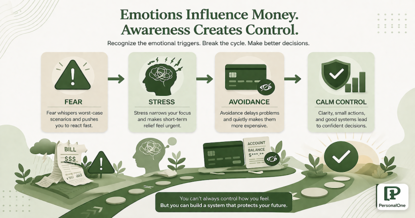 Minimalist financial education illustration showing emotional money decisions moving from stress and fear toward calm financial control in a clean green -PersonalOne