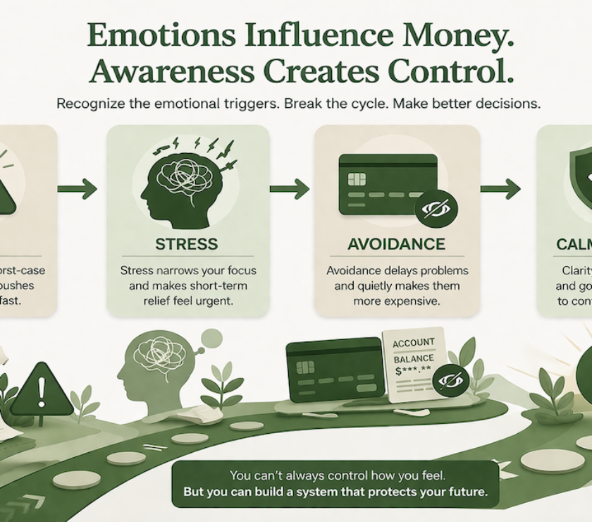 Minimalist financial education illustration showing emotional money decisions moving from stress and fear toward calm financial control in a clean green -PersonalOne