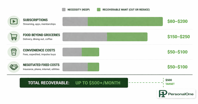 How to cut $500 from your budget: four-category chart showing recoverable non-necessity spending in subscriptions, food habits, convenience costs, and negotiated fixed costs