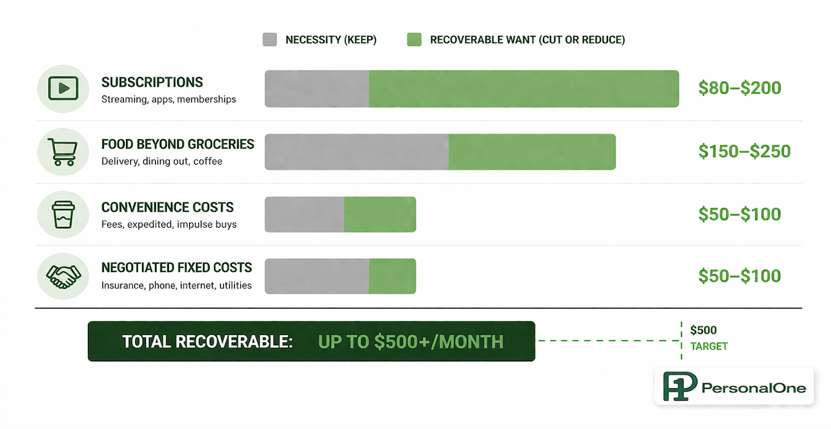 How to cut $500 from your budget: four-category chart showing recoverable non-necessity spending in subscriptions, food habits, convenience costs, and negotiated fixed costs