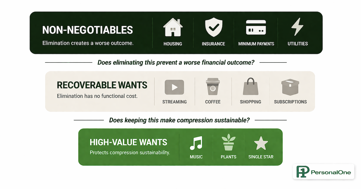 Needs vs wants framework for financial pressure: three-category decision diagram distinguishing non-negotiables, recoverable wants, and high-value wants using a functional question rather than a moral definition