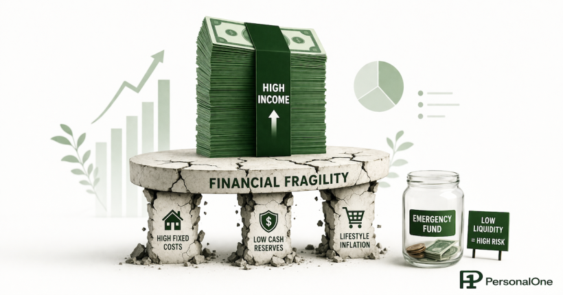 High-income household budget illustration showing strong income but thin savings, high fixed expenses, and fragile cash flow