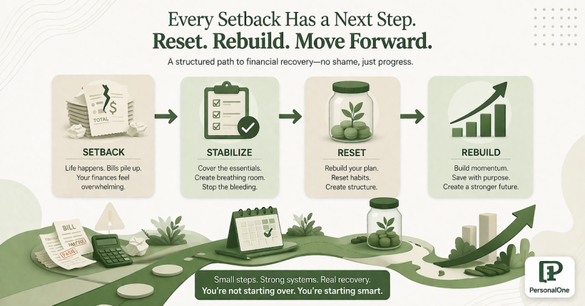Minimalist financial education illustration showing a financial reset path from setback to recovery in a clean