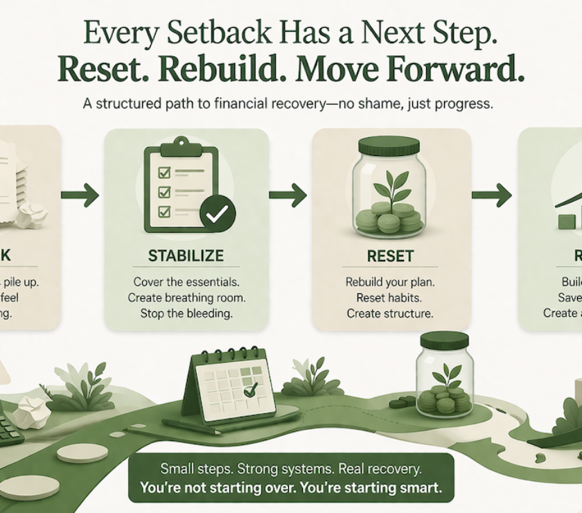 Minimalist financial education illustration showing a financial reset path from setback to recovery in a clean
