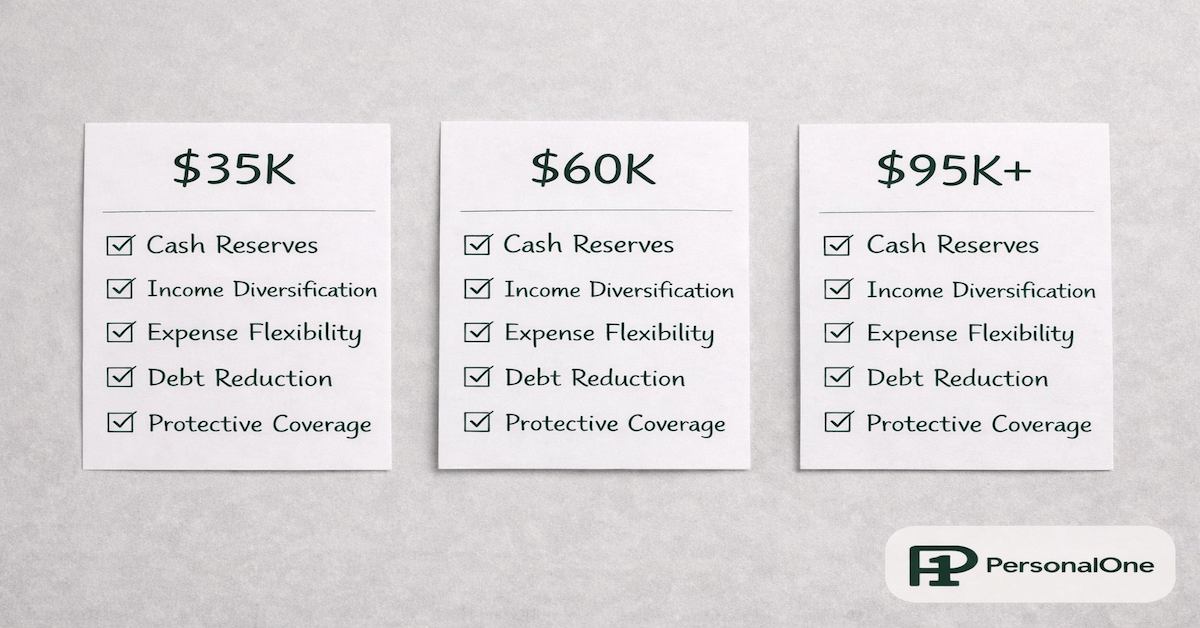 Three income level cards labeled 35K, 60K, and 95K plus each with identical five-pillar checklists on a light gray surface showing universal resilience structure — PersonalOne
