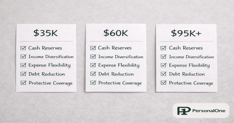 Three income level cards labeled 35K, 60K, and 95K plus each with identical five-pillar checklists on a light gray surface showing universal resilience structure — PersonalOne