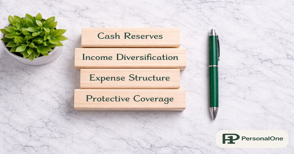 Four labeled building blocks stacked in a column reading Cash Reserves, Income Diversification, Expense Structure, Protective Coverage beside a small plant on white marble — PersonalOne